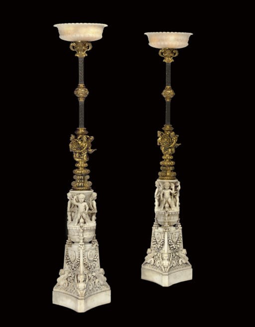 A PAIR OF AMERICAN ORMOLU, CAST-IRON, MARBLE AND ALABASTER TORCHERES