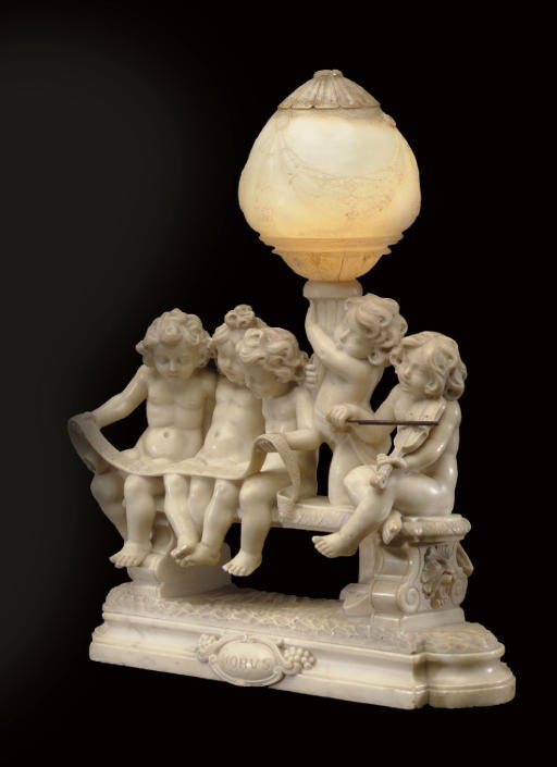 AN ITALIAN ALABASTER FIGURAL LAMP ENTITLED 'CHORUS'