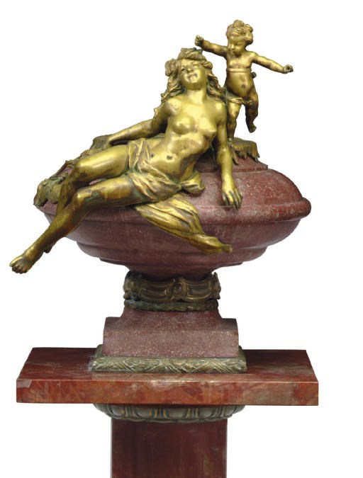 A FRENCH ORMOLU AND ROUGE MARBLE JARDINIERE, ON PEDESTAL