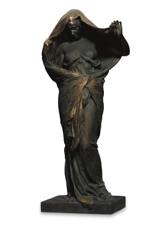 A FRENCH PARCEL-GILT BRONZE FIGURE ENTITLED 'LA NATURE SE DEVOILANT DEVANT LA SCIENCE'