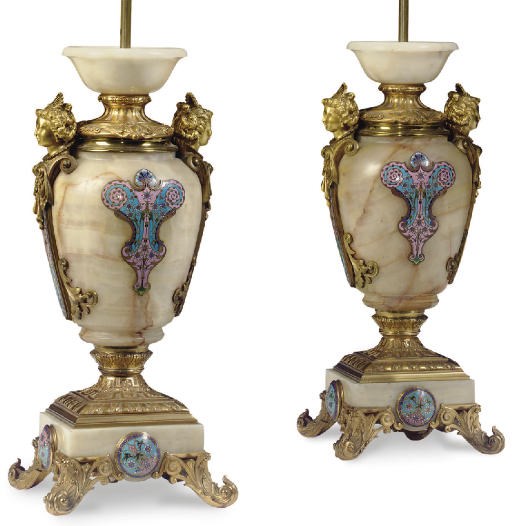 A PAIR OF FRENCH ORMOLU AND CHAMPLEVE ENAMEL-MOUNTED ONYX TABLE-LAMPS