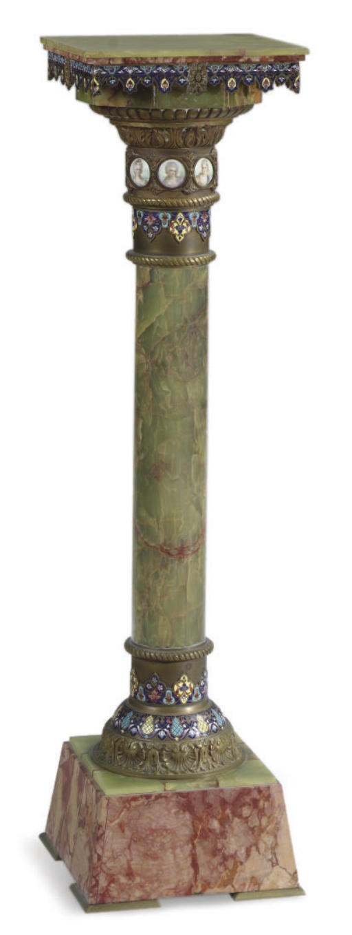 A FRENCH ORMOLU, PORCELAIN AND CHAMPLEVE ENAMEL-MOUNTED ONYX PEDESTAL