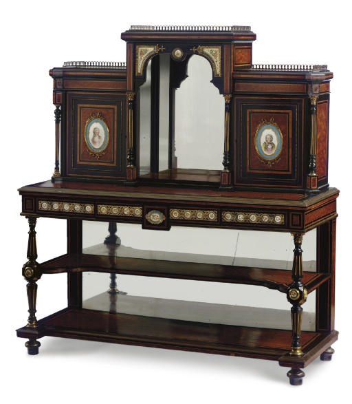 A NAPOLEON III ORMOLU- AND SEVRES STYLE PORCELAIN-MOUNTED AMBOYNA AND EBONISED BONHEUR DU JOUR