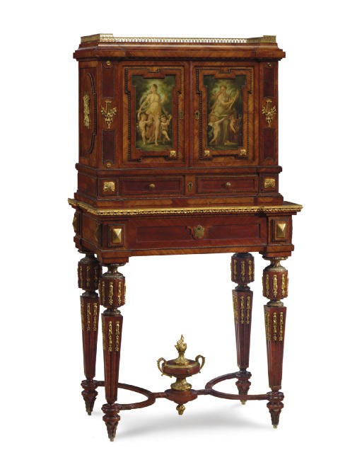 A NAPOLEON III ORMOLU-MOUNTED TULIPWOOD AND VERNIS MARTIN CABINET-ON-STAND