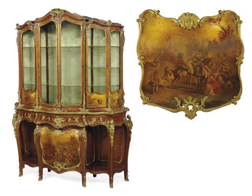 A LOUIS XV STYLE ORMOLU-MOUNTED TULIPWOOD AND VERNIS MARTIN VITRINE-ON-STAND