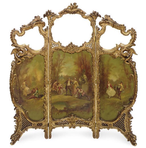 A ROCOCO STYLE GILTWOOD AND PAINTED THREE-PANEL SCREEN