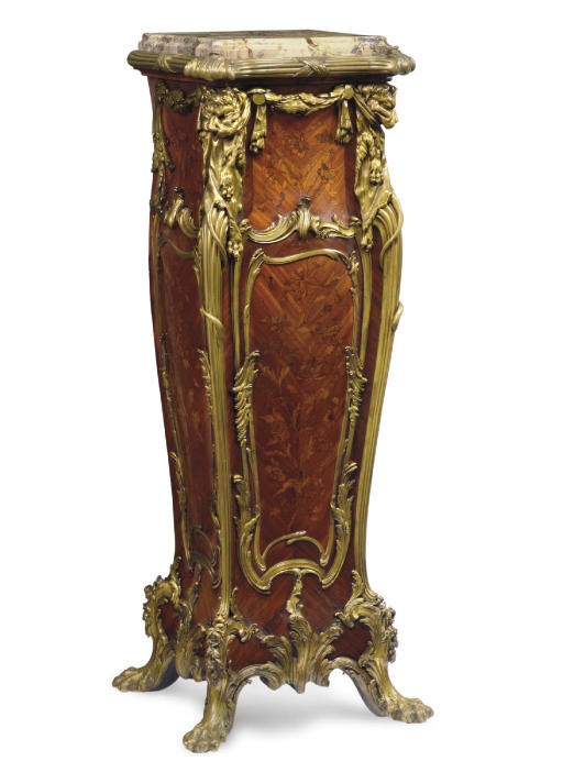 A LOUIS XV STYLE ORMOLU-MOUNTED KINGWOOD, MAHOGANY AND MARQUETRY PEDESTAL