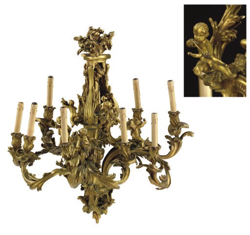 A LOUIS XV STYLE ORMOLU NINE-LIGHT CHANDELIER