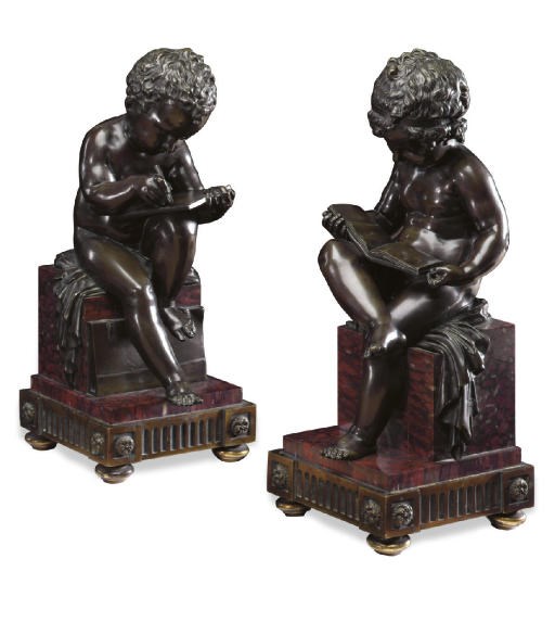 A PAIR OF FRENCH ORMOLU, BRONZE AND GRIOTTE ROUGE MARBLE FIGURES OF CHILDREN