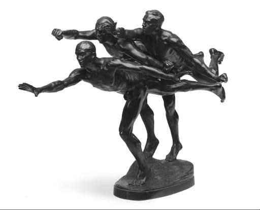 A FRENCH BRONZE FIGURAL GROUP ENTITLED 'AU BUT'