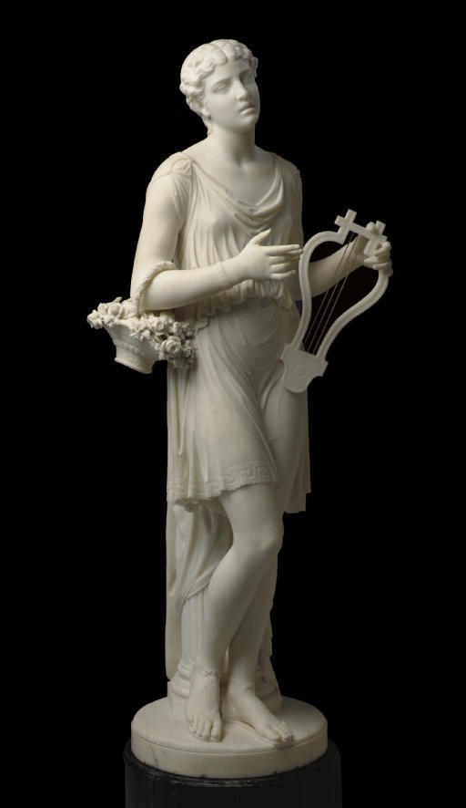 AN AMERICAN MARBLE FIGURE OF SAPPHO, ON PEDESTAL