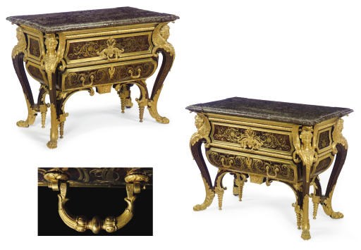 A PAIR OF FINE LOUIS XIV STYLE ORMOLU-MOUNTED CUT BRASS AND TORTOISESHELL-INLAID EBONY 'BOULLE' COMMODES**