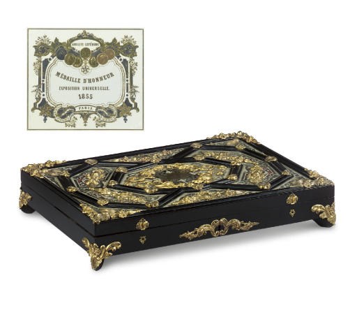 A NAPOLEON III GILT-METAL-MOUNTED CUT BRASS, TORTOISESHELL AND MOTHER-OF-PEARL-INLAID EBONISED 'BOULLE' PRESENTATION BOX**