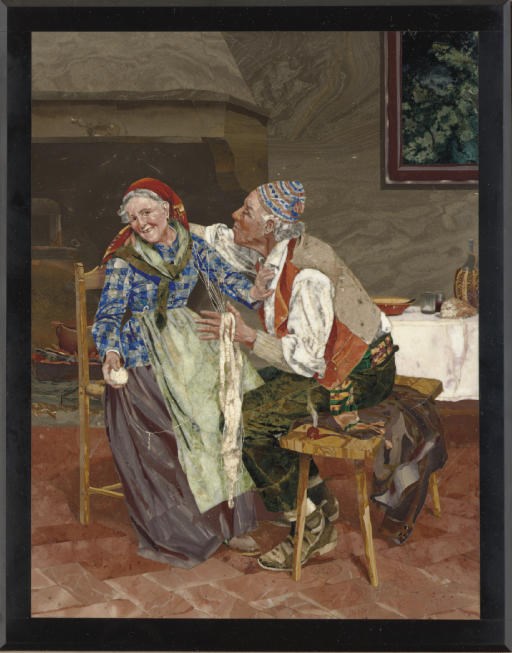 A FLORENTINE PIETRE DURE PANEL DEPICTING AN ELDERLY COUPLE