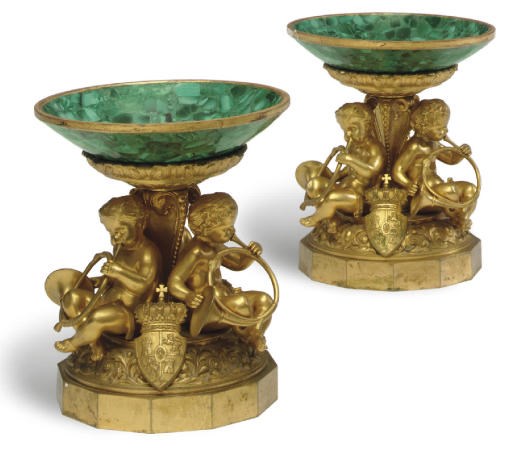 A PAIR OF FRENCH ORMOLU AND MALACHITE TAZZE
