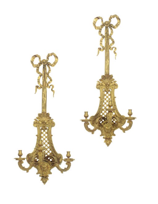 A PAIR OF LOUIS XVI STYLE ORMOLU THREE-LIGHT WALL APPLIQUES