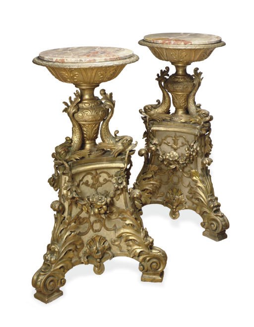 A PAIR OF ITALIAN GILTWOOD AND CREAM-PAINTED TAZZE-ON-STANDS