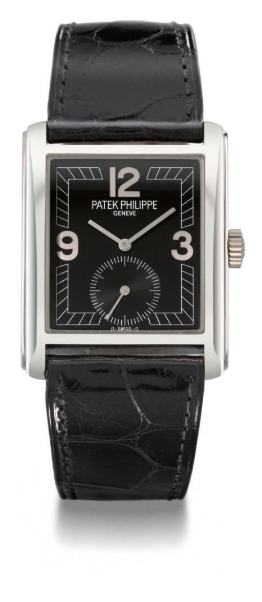 Patek Philippe. An 18K white gold rectangular wristwatch with black dial