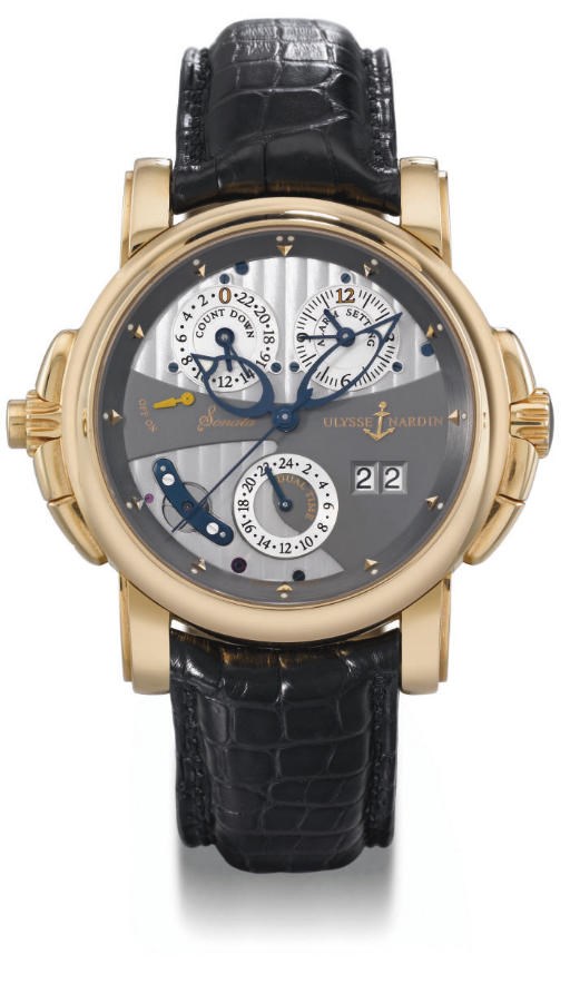 Ulysse Nardin. An unusual and large 18K pink gold self-winding dual time wristwatch with sweep centre seconds, date, countdown indicator and musical alarm