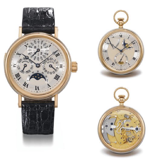 Breguet. An extremely fine and unique 'Souscription Set' of 18K pink gold and platinum watches, comprising a minute repeating perpetual calendar wristwatch with phases of the moon and a self-winding openface keyless lever watch with instantaneous calendar, power reserve and phases of the moon