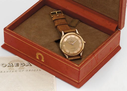 Omega. A fine 18K pink gold self-winding water-resistant wristwatch with sweep centre seconds, two-tone pink dial, guarantee and box