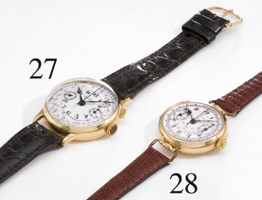 National. An early 18K gold hinged single button chronograph wristwatch with enamel dial