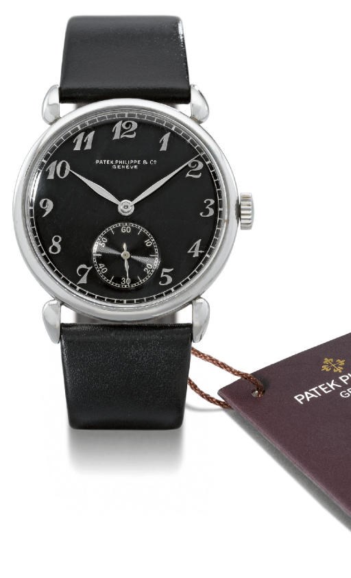 Patek Philippe. An extremely fine, rare and historically important stainless steel wristwatch with black dial and Breguet numerals