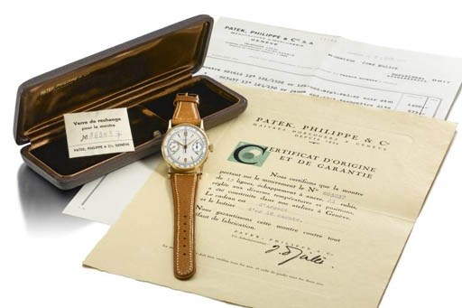 Patek Philippe. A very fine and rare 18K gold chronograph wristwatch with original certificate, invoice, spare crystal and box