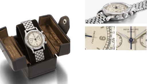 Patek Philippe. An extremely fine, rare and attractive stainless steel water-resistant chronograph wristwatch with two-tone silvered dial, bracelet and box