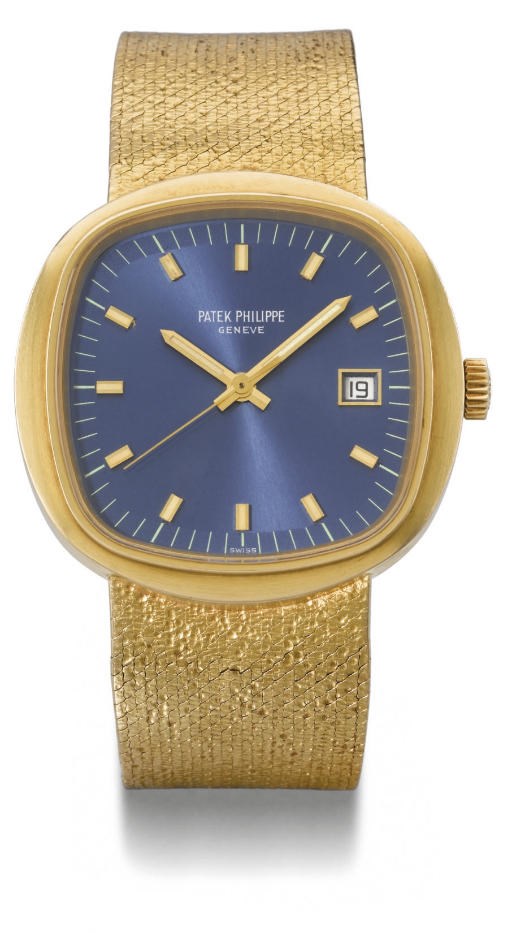 Patek Philippe. An oversized 18K gold cushion-shaped electronic wristwatch with sweep centre seconds, date, hack feature and bracelet