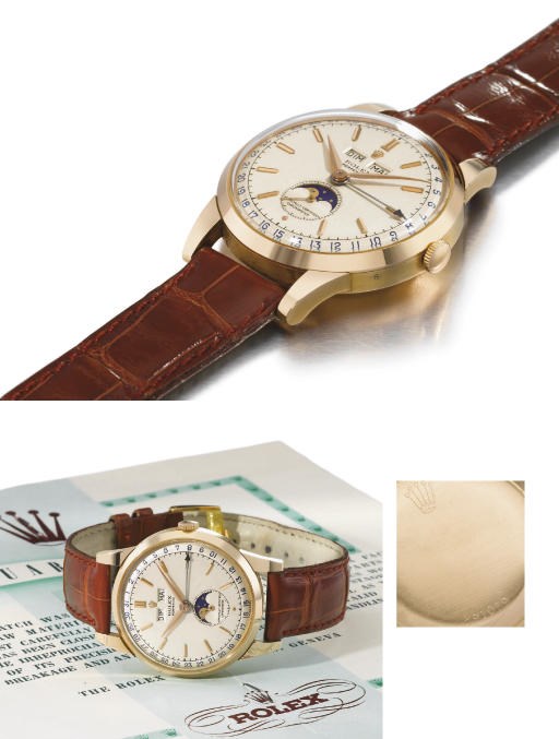 Rolex. A fine, rare and large 18K pink gold self-winding triple calendar wristwatch with phases of the moon, two-tone silvered dial and certificate