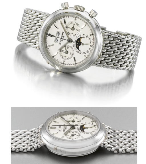 Patek Philippe. A very fine and rare platinum perpetual calendar chronograph wristwatch with phases of the moon and bracelet