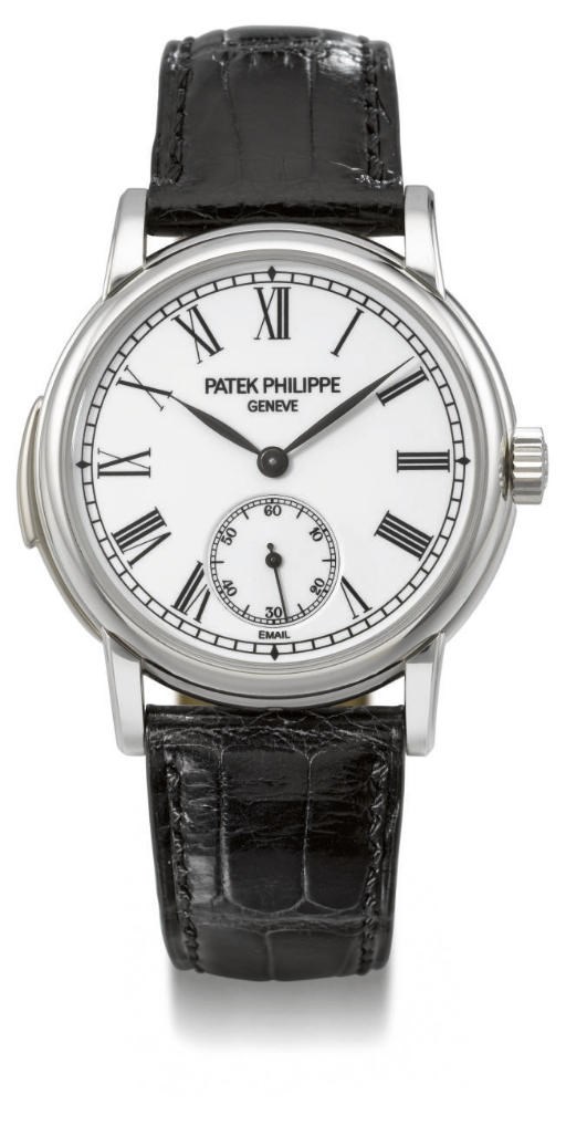 Patek Philippe. A very fine and extremely rare platinum self-winding minute repeating wristwatch with enamel dial and original certificate