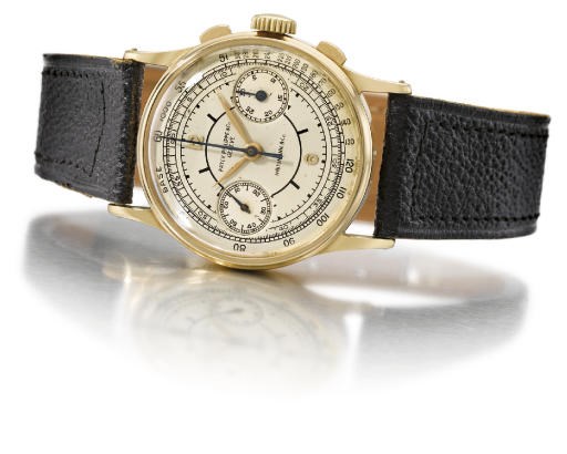 Patek Philippe. A very fine, rare and attractive 18K gold chronograph wristwatch with two-tone silvered sector dial