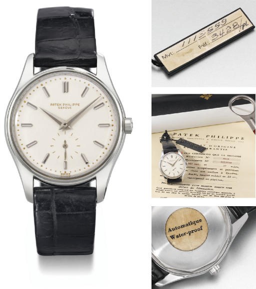 Patek Philippe. An extremely fine and rare platinum self-winding water-resistant wristwatch with enamel dial, original certificate, sales tag, box and case opener