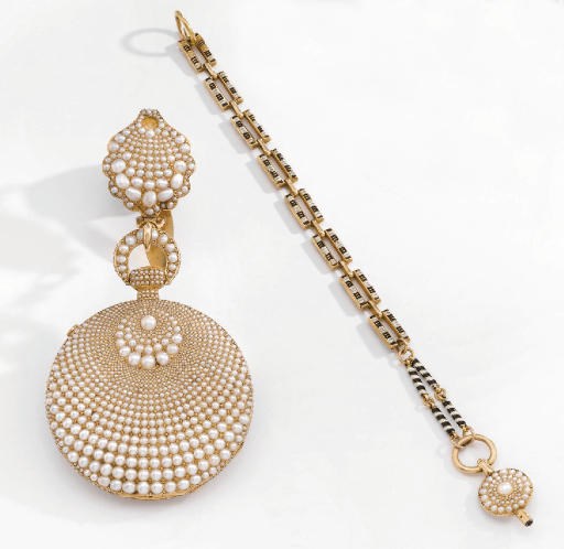 Bautte & Moynier. A fine 18K gold and pearl-set openface quarter repeating cylinder watch with fob, gold and enamel chain and key