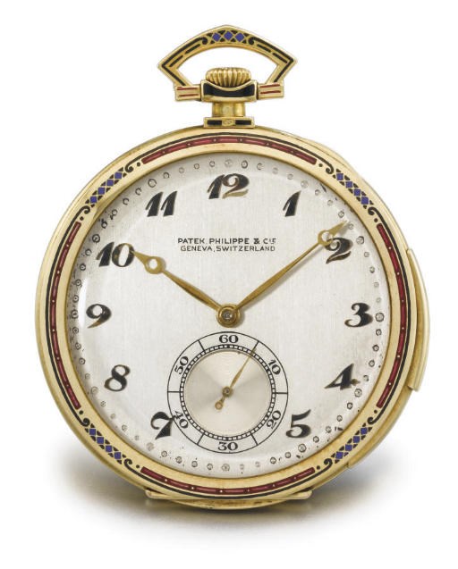 Patek Philippe. A fine 18K gold and enamel openface minute repeating keyless lever watch