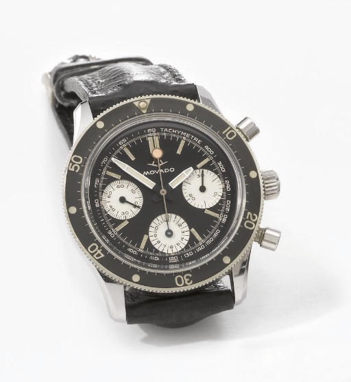 Movado. A stainless steel water-resistant chronograph wristwatch with black dial