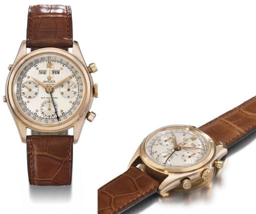 Rolex. A very fine and rare 18K pink gold water-resistant triple calendar chronograph wristwatch with two-tone silvered dial