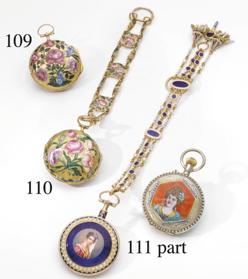 Anon. A fine 18K gold and enamel verge watch with chatelaine