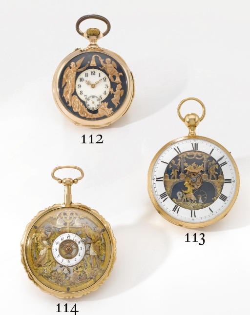 Swiss. A fine, rare and unusual 18K gold openface quarter repeating cylinder watch with varicoloured gold three jaquemarts automaton