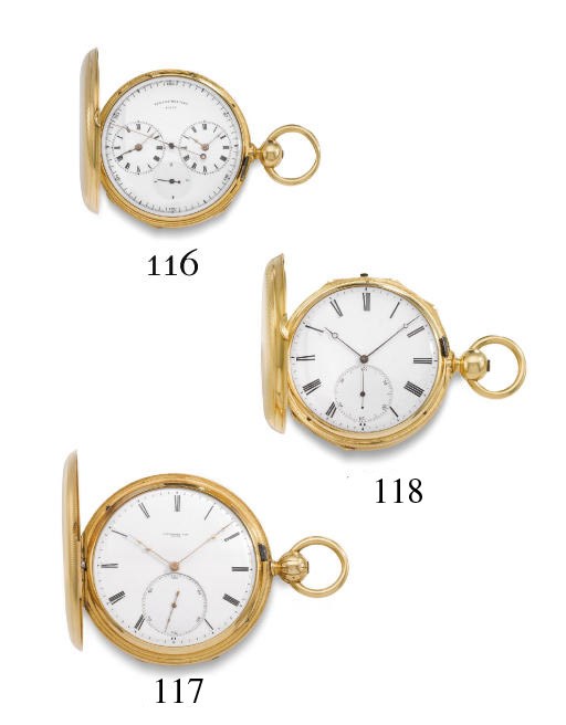 Swiss. A fine and rare 18K gold hunter case two train minute repeating grande and petite sonnerie keyless lever clockwatch