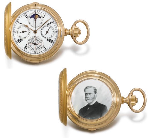 Poitevin. A fine and rare 18K gold and enamel hunter case minute repeating perpetual calendar chronograph keyless lever watch with phases of the moon, original box and photographic portrait on porcelain enamel