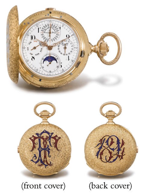 La Esmeralda (Hauser Zivy & Cie.). An extremely fine and rare 18K gold and enamel hunter case two train minute repeating grande and petite sonnerie perpetual calendar clock watch with phases of the moon