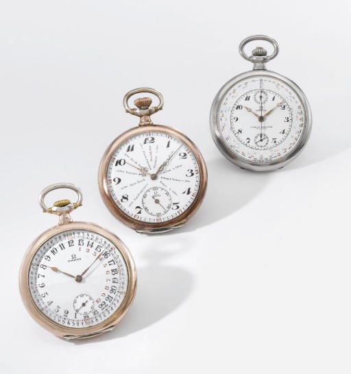Omega. A lot of two silver and pink gilt openface keyless lever watches and one stainless steel openface chronograph keyless lever watch