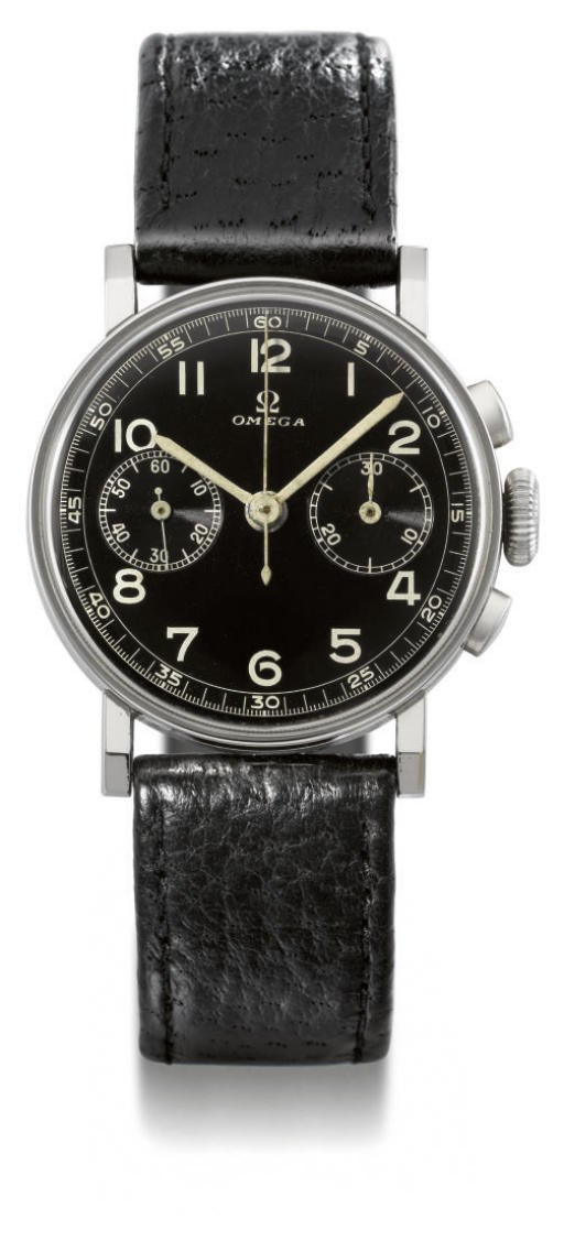 Omega. A rare and unusual stainless steel aviator's chronograph wristwatch with black dial