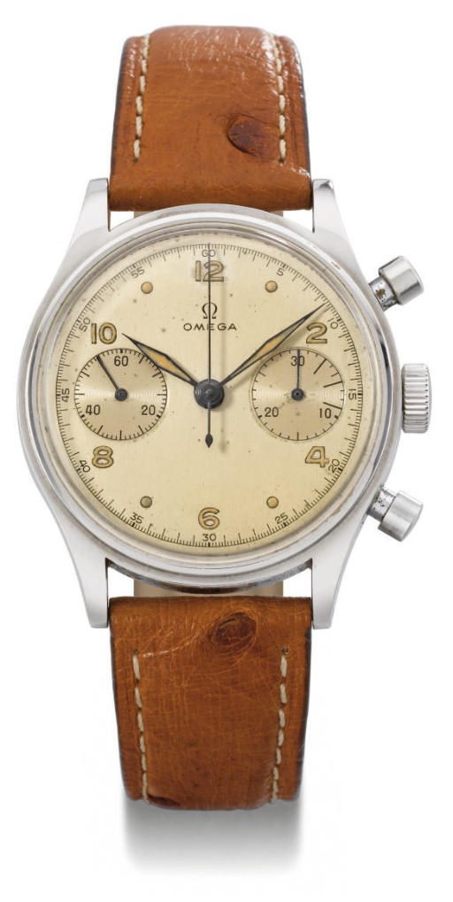 Omega. A large stainless steel water-resistant chronograph wristwatch