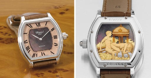 Chopard. A very fine and unique 18K white gold and grey mother-of-pearl tonneau-shaped self-winding wristwatch with erotic automaton
