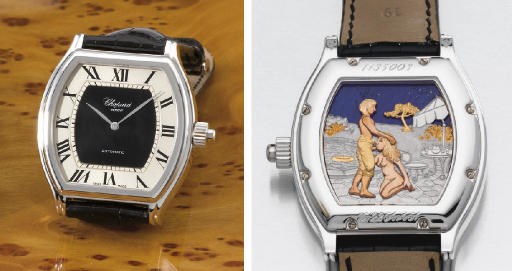Chopard. A very fine and unique 18K white gold and black onyx tonneau-shaped self-winding wristwatch with erotic automaton