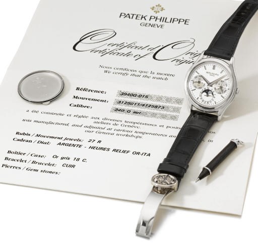 Patek Philippe. A fine 18K white gold self-winding perpetual calendar wristwatch with phases of the moon